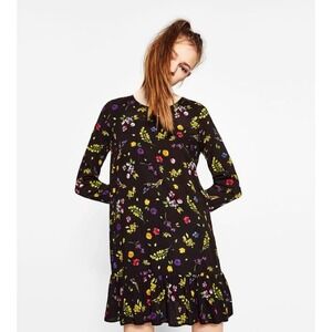 Zara Viscose Black Floral Print Cottagecore Ruffled Mini Dress Size Small